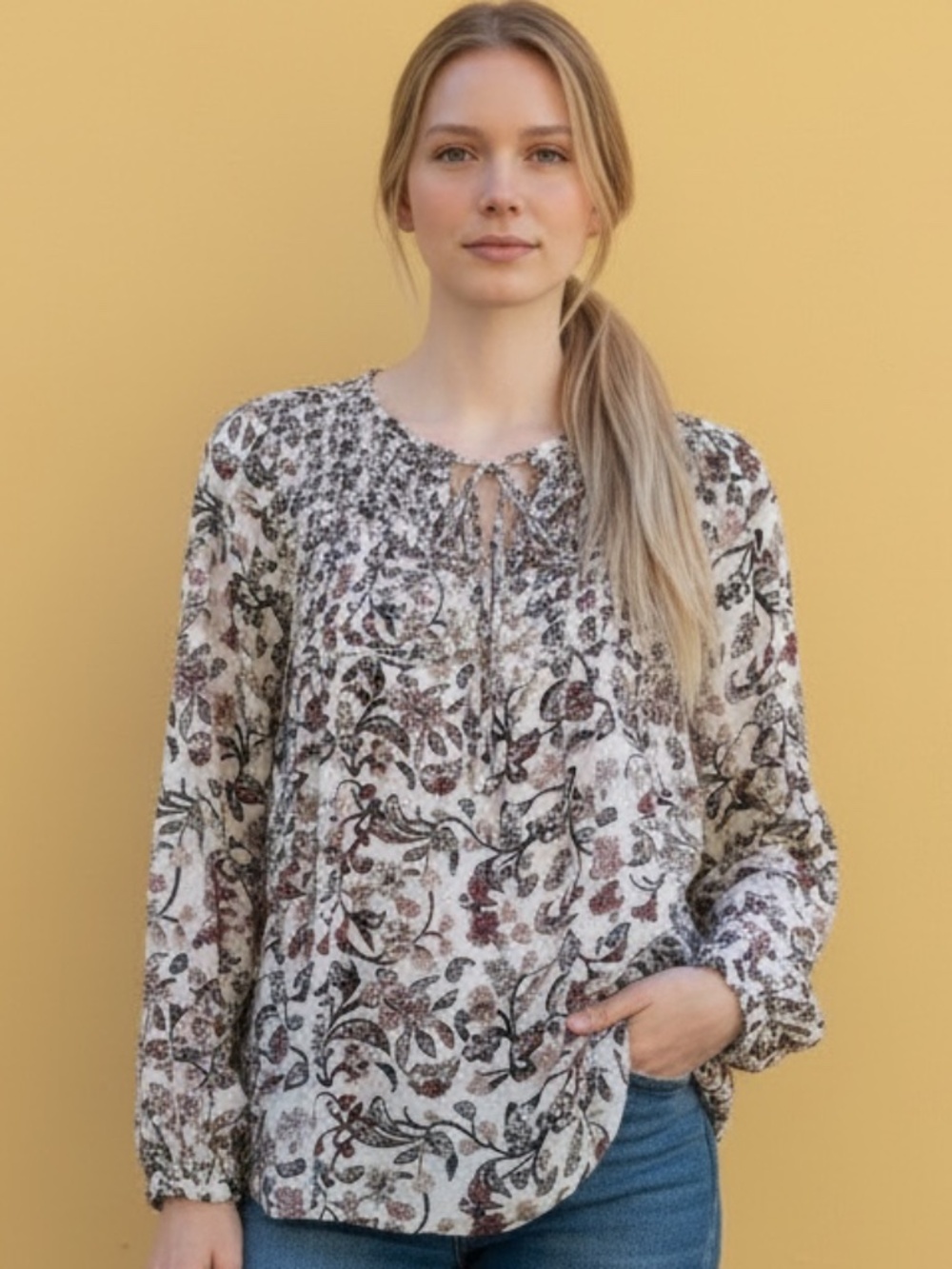 Lucky brand floral smocked peasant blouse size large